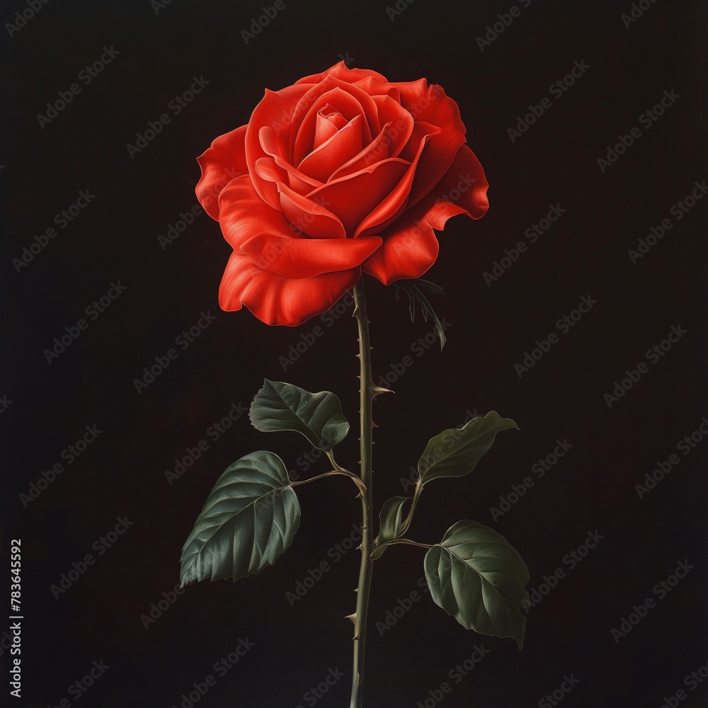 Poster a single red rose stem and leaf against a black background