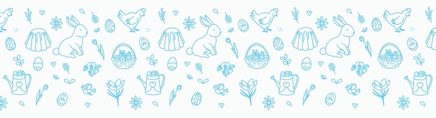 Banner with Easter bunnies, flowers and eggs on a with background