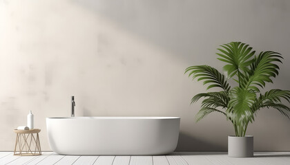 A white bathtub is surrounded by potted plants and a vase - obrazy, fototapety, plakaty