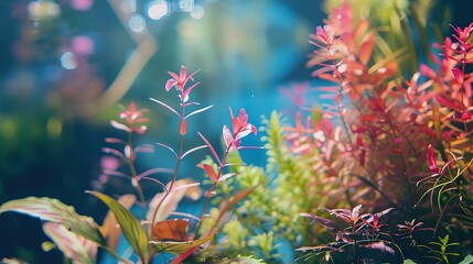 Fototapeta na wymiar Colorful aquatic plants in aquarium tank with aquascaping layout with very clear water 