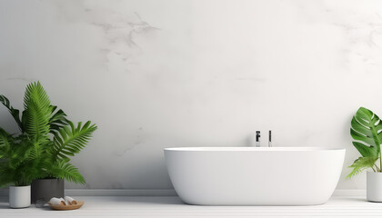 A white bathtub is surrounded by potted plants and a vase
