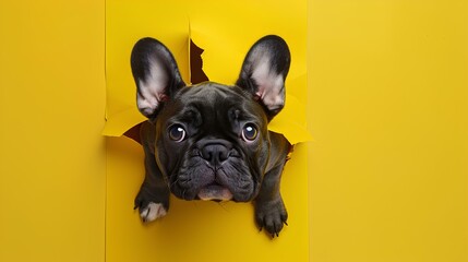 Adorable French Bulldog peeking through a torn yellow paper with its cute face and paws visible...