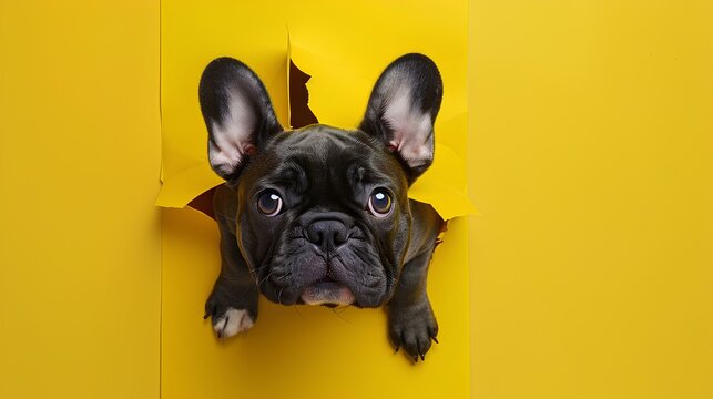 Adorable French Bulldog peeking through a torn yellow paper with its cute face and paws visible Perfect for pet lovers and quirky ad campaigns