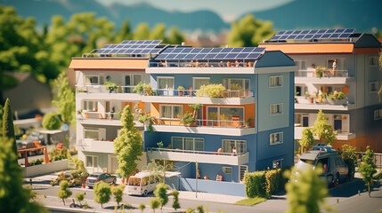 Miniature model residential, townhouse, downtown buildings install solar panels cells on the roof. Renewable solar wind power concept	 - obrazy, fototapety, plakaty