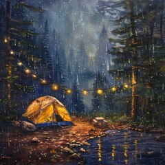 Wilderness Serenade: Rain Soothing Tent, Campsite Lights Under Starry Night