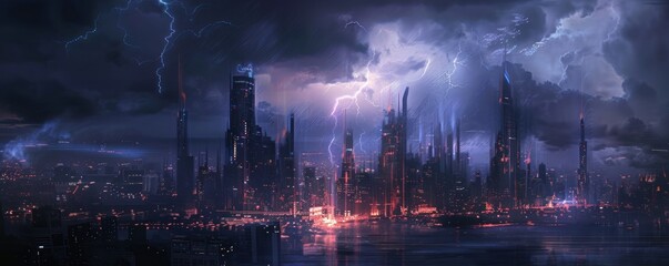 Electric Cityscape: Thunderstorm Over City, Flashes Illuminating Skyscrapers