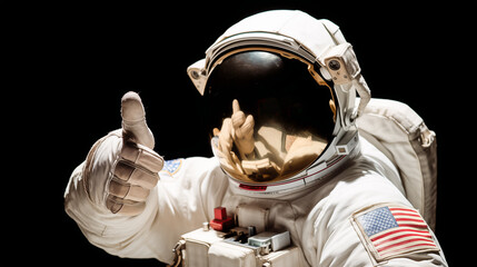 A man astronaut giving thumbs up. Man astronaut wearing space helmet and suit. Space travel and exploration. Mars exploration