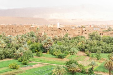 Fototapeta na wymiar Ouarzazate city in Morocco in Sahara Desert surrounded by green trees and hills on a sunny day
