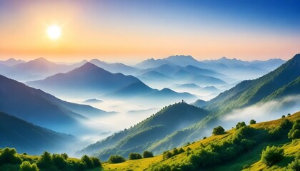 Beautiful landscape with mountains, mist and sun in the morning. Travel background.