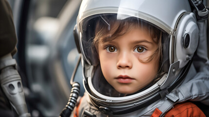Children in astronaut costume. Children in spacesuit and astronaut costume. Children dreams concept
