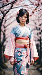 Portrait of a kimono girl with sakura background
