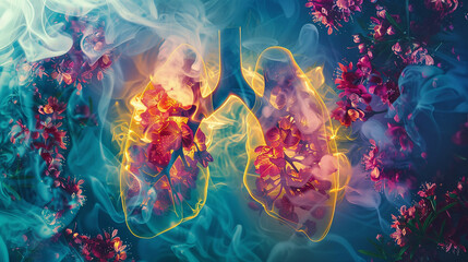 Healthy floral lungs, smoke patterns, vibrant creative background
