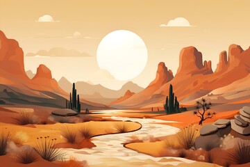 an orange desert landscape with trees, shrubs and mountains and water