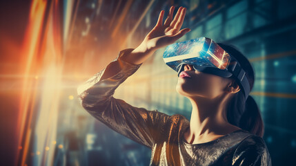 A woman in futuristic attire wearing VR glasses, immersed in realistic virtual reality experience. Woman wearing smart glasses futuristic technology digital. Futuristic technology concept	 - obrazy, fototapety, plakaty