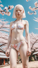Obraz premium Portrait of an albino girl with sakura background