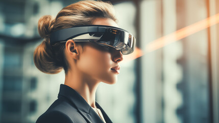 A woman in futuristic attire wearing VR glasses, immersed in realistic virtual reality experience. Woman wearing smart glasses futuristic technology digital. Futuristic technology concept	 - obrazy, fototapety, plakaty
