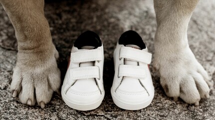 Closeup shot of the cute paws of a dog and a pair of white sneakers