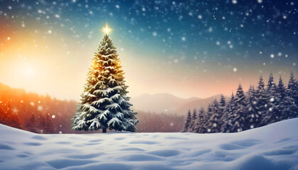 Christmas tree in snowy landscape holiday card concept 1