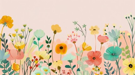 Fototapeta na wymiar Colorful flowers on a light pink background - yellow and green tones - card background - spring design elements 