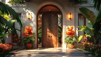 Designer entrance door to a country house. Modern design. luxurious exterior and backside garden 
