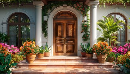 Fototapeta na wymiar Designer entrance door to a country house. Modern design. luxurious exterior and backside garden 