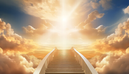 Stairway to Heaven with Sun and Radiance to Paradise - obrazy, fototapety, plakaty