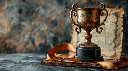 Champion Trophy Next to Blank Certificate, Symbolizing Achievement with Clean Background, Ideal for Text overlay Concept.