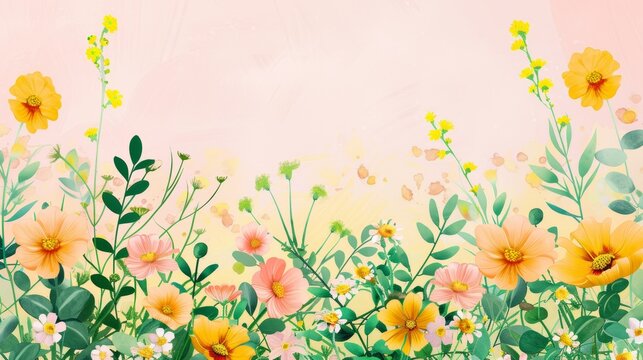 Colorful flowers on a light pink background - yellow and green tones - card background - spring design elements 