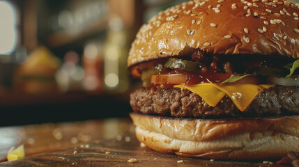 AI generated illustration of a close up shot of a delicious burger in an American kitchen - obrazy, fototapety, plakaty