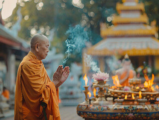 Buddhist monk in traditional robes giving blessings to kneeling worshippers surrounded by temple.