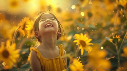a little girl laughs in the sun surrounded by sunflowers
