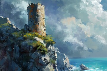 Imposing Ancient tower cliff. Old castle medieval. Generate Ai