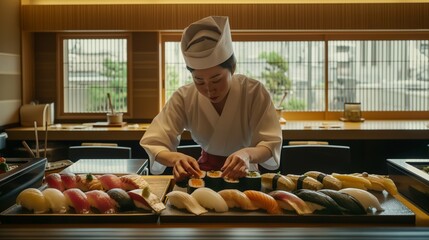 A chef making sushi at a kitchen table