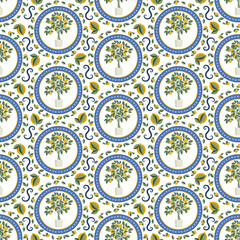Italian ceramic motif lemon seamless pattern. Mediterranean motif wallpaper. Blue and yellow lemons endless background. Sicilian traditional print for fabric and wallpaper. Perfect for kitchenware.