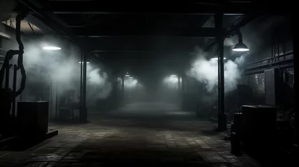 Zelfklevend Fotobehang Fog or smoke in the gloom in an old abandoned tsuch in a factory © Sergey