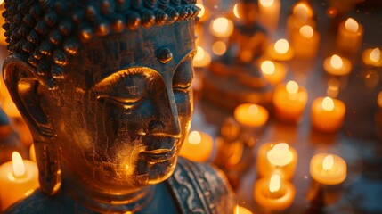 Intimately Illuminated Ancient Buddha Statue Among Flickering Candles, Capturing a Spiritual and...