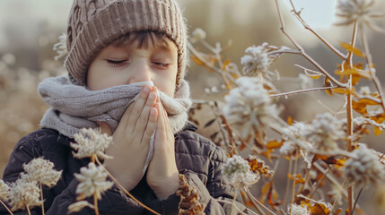 The boy blows his nose in the scarf. Allergy is due to flowering. Snotty nose of a boy (child). - obrazy, fototapety, plakaty