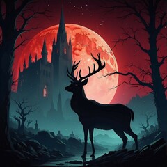 silhouette of a luminescent deer wandering around misty woods with a distant and red moon in background