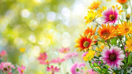 AI-generated illustration of colorful assorted flowers against a bright backdrop with bokeh
