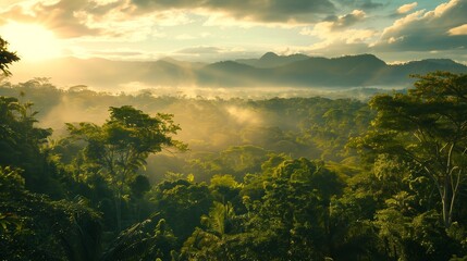 Fototapeta na wymiar Vibrant sunset in the exotic Amazon rainforest, AI-generated.