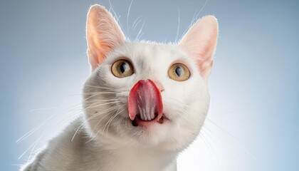 Obraz premium A white domestic cat licks its muzzle after eating 