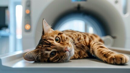 cat lying on table before scanning in MRI equipment in veterinary clinic. Banner Vet CT scan for pet