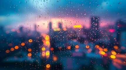 AI generated illustration of raindrops cascade down a window against city lights and buildings - obrazy, fototapety, plakaty