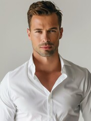 Obraz premium Handsome male model, brutal, 35 year old, short hair, millionaire businessman, In the white shirt