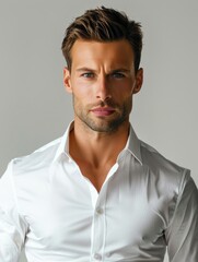 Obraz premium Handsome male model, brutal, 35 year old, short hair, millionaire businessman, In the white shirt
