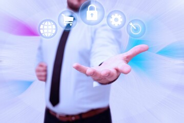 Gentelman Uniform Standing Holding New Futuristic Technologies.