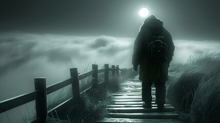 AI generated illustration of a man descending stairs at sea on a foggy night carrying a backpack - obrazy, fototapety, plakaty