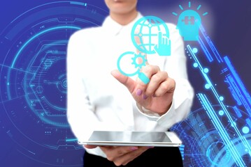 Lady In Uniform Standing Hold Phone Virtual Press Button Futuristic Tech.