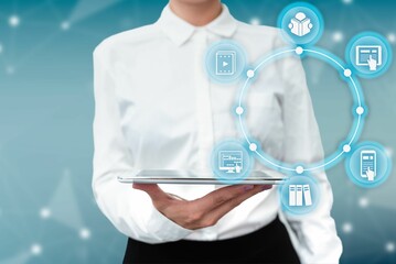 Lady Uniform Standing Tablet Hand Presenting Virtual Modern Technology