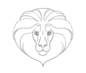 Lion head line drawing, vector icon, outline logo, zodiac symbol for astrology, minimalistic tattoo, wild animal portrait isolated on white background.
